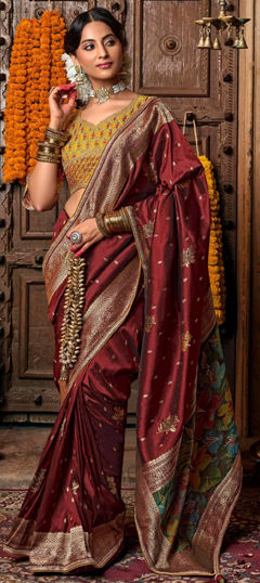 Red and Maroon color Saree in Silk fabric with Thread, Weaving, Zari work