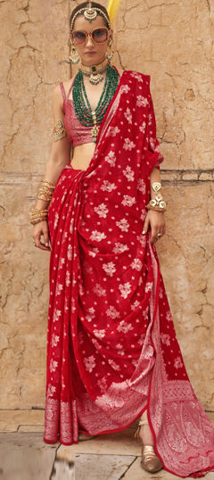 Red and Maroon color Saree in Georgette fabric with Weaving, Zari work
