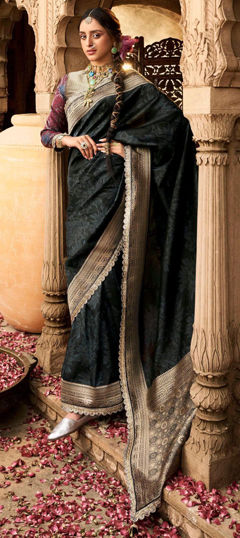 Bridal, Traditional, Wedding Black and Grey color Saree in Banarasi Silk fabric with South Border, Embroidered, Thread, Zari work : 1972672