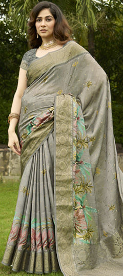 Black and Grey color Saree in Satin Silk fabric with Weaving work