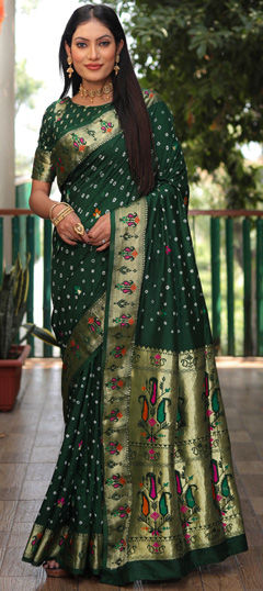 Festive, Traditional, Wedding Green color Saree in Silk fabric with Rajasthani, South Bandhej, Printed work : 1972692