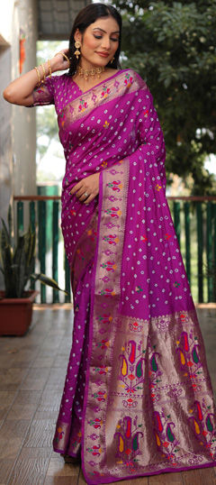 Purple and Violet color Saree in Silk fabric with Bandhej, Printed work