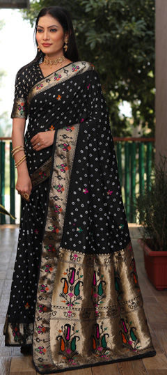 Black and Grey color Saree in Silk fabric with Bandhej, Printed work