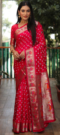 Red and Maroon color Saree in Silk fabric with Bandhej, Printed work