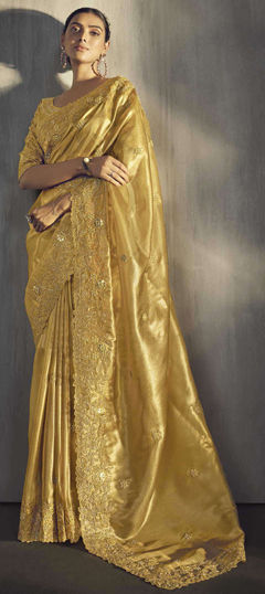 Traditional, Wedding Gold color Saree in Tissue fabric with South Embroidered, Sequence, Thread work : 1972713