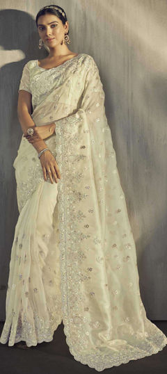 Traditional, Wedding White and Off White color Saree in Tissue fabric with South Embroidered, Sequence, Thread work : 1972715