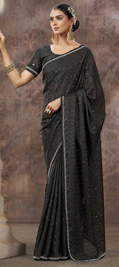 Traditional, Wedding Black and Grey color Saree in Silk fabric with South Embroidered, Sequence, Thread work : 1972716