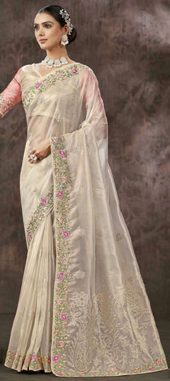 Traditional, Wedding Beige and Brown color Saree in Tissue fabric with South Embroidered, Sequence, Thread work : 1972717