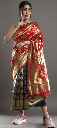 Red and Maroon color Saree in Blended fabric with Weaving, Zari work