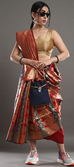 Red and Maroon color Saree in Blended fabric with Weaving, Zari work