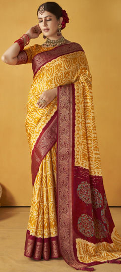 Orange color Saree in Tussar Silk fabric with Printed, Weaving work