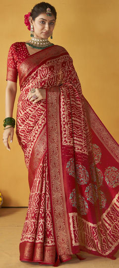 Red and Maroon color Saree in Tussar Silk fabric with Printed, Weaving work