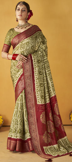 Green color Saree in Tussar Silk fabric with Printed, Weaving work