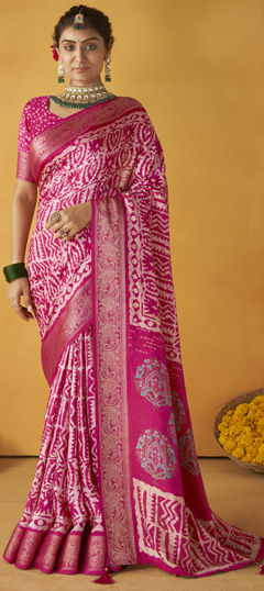 Pink and Majenta color Saree in Tussar Silk fabric with Printed, Weaving work