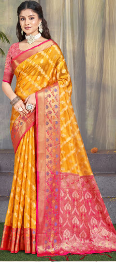 Yellow color Saree in Silk fabric with Printed, Weaving, Zari work