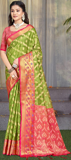 Green color Saree in Silk fabric with Printed, Weaving, Zari work