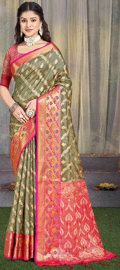 Black and Grey color Saree in Silk fabric with Printed, Weaving, Zari work