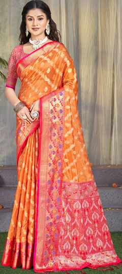 Orange color Saree in Silk fabric with Printed, Weaving, Zari work