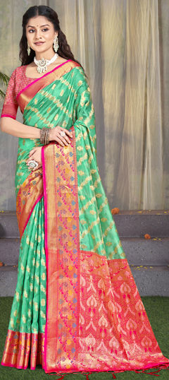 Green color Saree in Silk fabric with Printed, Weaving, Zari work