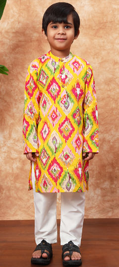 Yellow color Boys Kurta Pyjama in Cotton fabric with Printed work