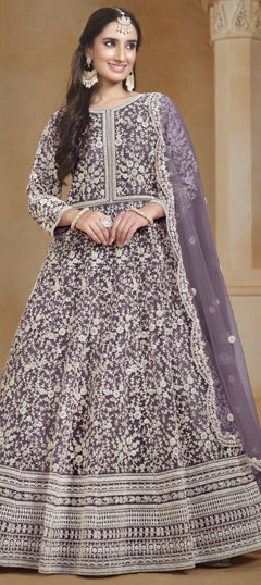Purple and Violet color Salwar Kameez in Net fabric with Embroidered, Thread, Zari work