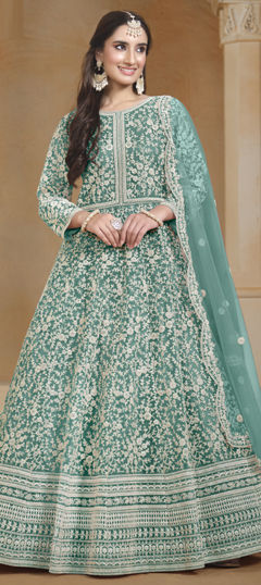 Green color Salwar Kameez in Net fabric with Embroidered, Thread, Zari work
