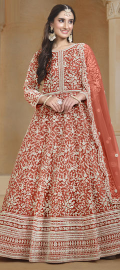 Orange color Salwar Kameez in Net fabric with Embroidered, Thread, Zari work