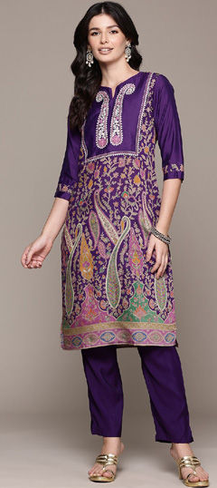 Purple and Violet color Salwar Kameez in Muslin fabric with Digital Print, Embroidered, Resham, Thread work