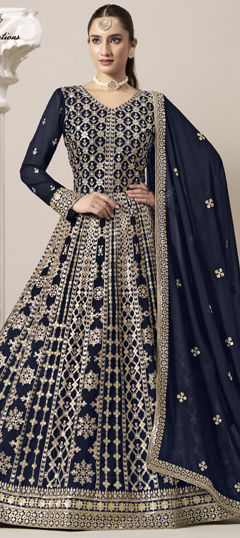 Blue color Salwar Kameez in Faux Georgette fabric with Embroidered, Sequence, Thread, Zari work