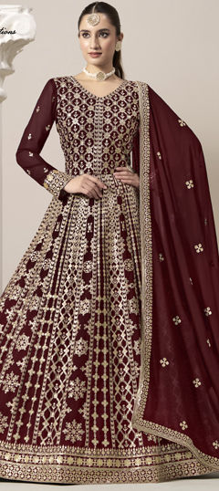 Red and Maroon color Salwar Kameez in Faux Georgette fabric with Embroidered, Sequence, Thread, Zari work