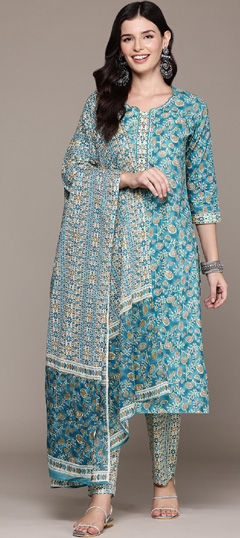 Blue color Salwar Kameez in Cotton fabric with Cut Dana, Printed, Thread, Zari work