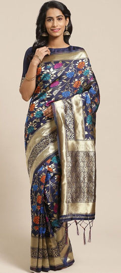 Blue color Saree in Blended fabric with Weaving work