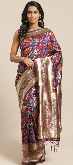 Purple and Violet color Saree in Blended fabric with Weaving work