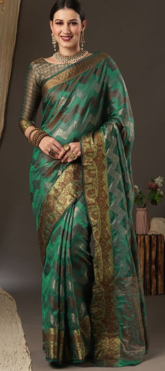 Green color Saree in Blended fabric with Weaving work