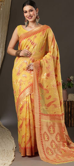 Yellow color Saree in Blended, Cotton fabric with Weaving work