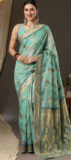 Green color Saree in Blended, Cotton fabric with Weaving work