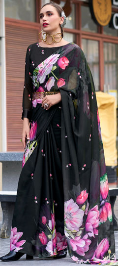 Black and Grey color Saree in Georgette fabric with Floral, Printed work