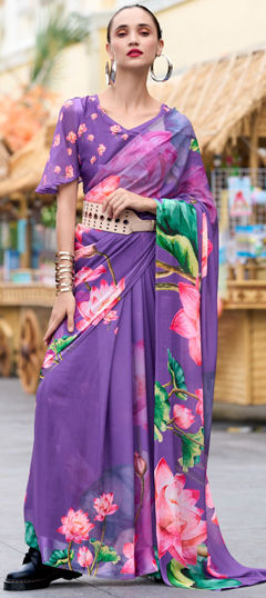 Purple and Violet color Saree in Georgette fabric with Floral, Printed work