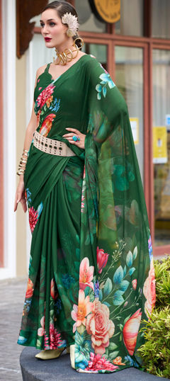 Festive, Party Wear Green color Saree in Georgette fabric with Classic Floral, Printed work : 1972852