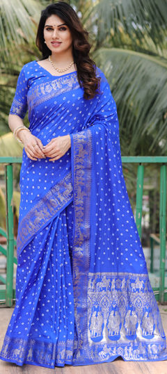 Blue color Saree in Art Silk fabric with Bandhej, Weaving work