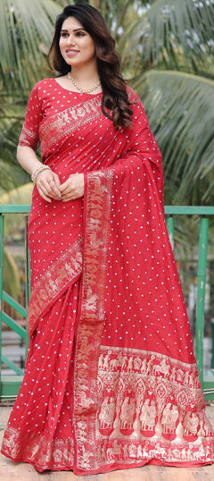 Red and Maroon color Saree in Art Silk fabric with Bandhej, Weaving work