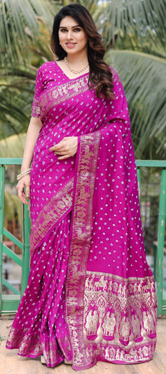 Purple and Violet color Saree in Art Silk fabric with Bandhej, Weaving work