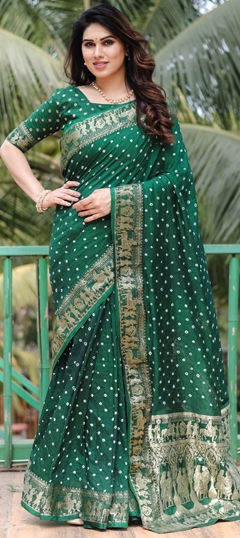 Green color Saree in Art Silk fabric with Bandhej, Weaving work