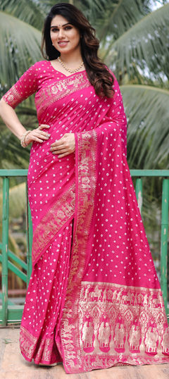 Pink and Majenta color Saree in Art Silk fabric with Bandhej, Weaving work