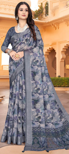 Black and Grey color Saree in Linen fabric with Printed work