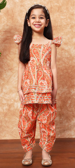 Orange color Girls Top with Bottom in Cotton fabric with Gota Patti, Printed work