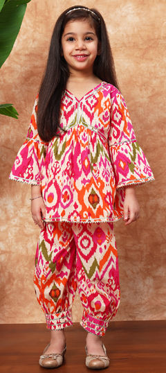 Orange color Girls Top with Bottom in Cotton fabric with Gota Patti, Printed work