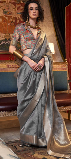 Black and Grey color Saree in Chiffon fabric with Weaving work