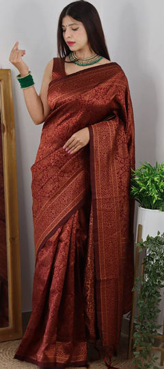 Festive, Traditional Red and Maroon color Saree in Banarasi Silk fabric with South Weaving work : 1972963