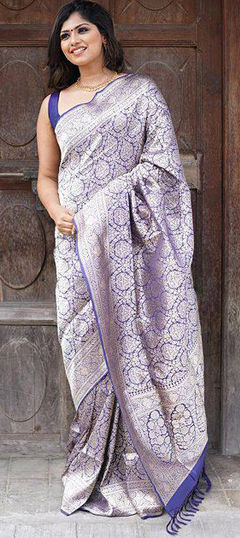 Festive, Traditional Blue color Saree in Banarasi Silk fabric with South Weaving work : 1972964